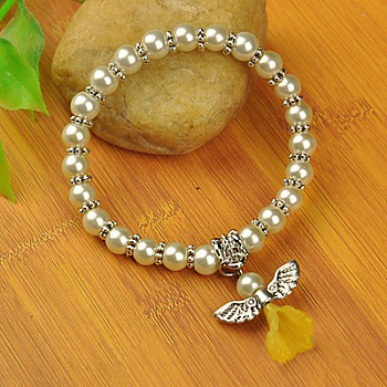 Lovely Wedding Dress Angel Bracelets for Kids, Carnival Stretch Bracelets, with Glass Pearl Beads and Tibetan Style Beads, Creamy White, 45mm