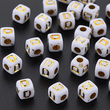 Opaque White Acrylic Beads, Metal Enlaced, Cube with Letters, Letter.D, 4.5mm, Hole: 2mm, about 5000pcs/500g