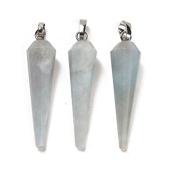 Natural Aquamarine Pointed Pendants, Faceted Cone Charms with Platinum Plated Barss Snap on Bails, 35~35.5x8~8.5mm, Hole: 6.5x4mm