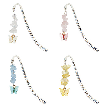 4Pcs 4 Style Butterfly Resin Charm Bookmarks with Natural Gemstone & Lampwork Beads, Tibetan Style Alloy Bookmark, Antique Silver, 130mm, 1pc/style