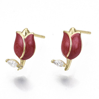 Brass Micro Pave Clear Cubic Zirconia Stud Earring, with Enamel and Stainless Steel Pins, Nickel Free, Flower, Real 18K Gold Plated, Crimson, 11x6mm, Pin: 0.7mm