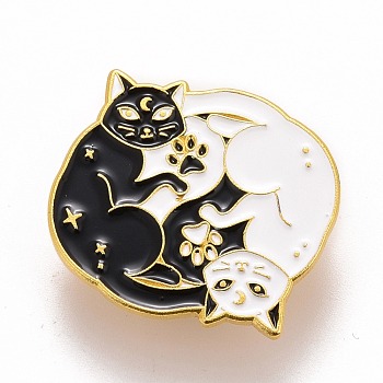Double Cat and Great Harmony Enamel Pin, Animal Alloy Badge for Backpack Clothes, Golden, Black, 23x27.5x1.5mm, Pin: 1.2mm