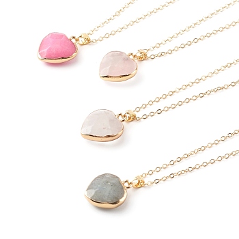 Mixed Natural Gemstone Heart Pendant Necklaces, with Brass Cable Chains, Golden, 16.1 inch(41cm)