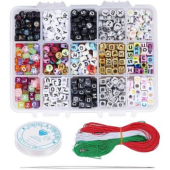 DIY Jewelry Set Making, Acrylic Alphabet Beads, Elastic Crystal Thread, Elastic Cord and Stainless Steel Big Eye Beading Needles, Mixed Color, 140x108x30mm