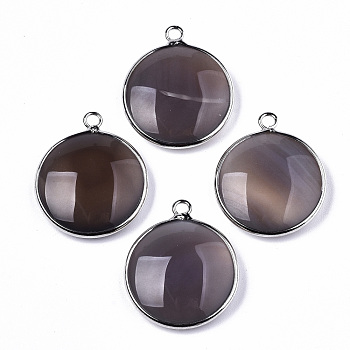 Natural Grey Agate Pendants, with Platinum Plated Brass Findings, Dyed & Heated, Flat Round, Gray, 27~28x23~24x7~9.5mm, Hole: 2mm