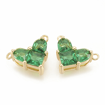 Brass Cubic Zirconia Charms, Real 18K Gold Plated, Heart, Green, 9.5x12x4.5mm, Hole: 1mm