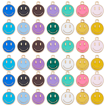 98Pcs 14 Colors Alloy Enamel Charms, Flat Round with Smiling Face, Mixed Color, 14.5x12x1.5mm, Hole: 1.5mm, 7pcs/color