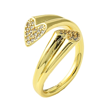 Brass Micro Pave Cubic Zirconia Open Cuff Ring, Heart, Real 16K Gold Plated, US Size 9(18.9mm)