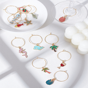 12Pcs 12 Styles Alloy Enamel Wine Glass Charms, Brass Wine Glass Charms Ring, Mixed Shapes, Mixed Color, 45~65mm, 1pc/style