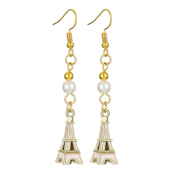 Alloy Enamel Eiffel Tower Dangle Earrings with Imitation Pearl Beaded, Golden Long Drop Earrings with Iron Earring Pins, Misty Rose, 64x9mm