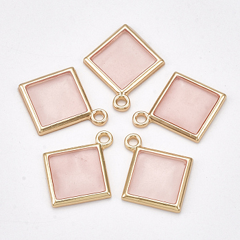 Alloy Pendants, with Epoxy Resin, Rhombus, Light Gold, Pink, 23x19x2mm, Hole: 2mm
