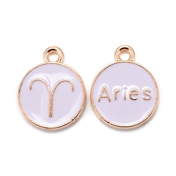 Alloy Enamel Pendants, Cadmium Free & Lead Free, Flat Round with Constellation, Light Gold, White, Aries, 15x12x2mm, Hole: 1.5mm