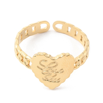 304 Stainless Steel Heart with Love You Open Cuff Rings for Valentine's Day, Real 14K Gold Plated, Inner Diameter: 17mm
