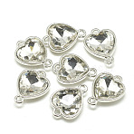 Alloy Glass Links connectors, Heart, Platinum, Clear, 19~20x14~15x6mm, Hole: 2mm(PALLOY-T024-12mm-01)