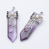 Natural Amethyst Big Pointed Pendants, with Brass Finding, 57~61x15~20x10~14mm, Hole: 4x7mm(G-F340-05H)