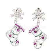 Christmas Socking & Snowflake Brass Pave Colorful Cubic Zirconia Dangle Stud Earrings for Women, with 304 Stainless Steel Pins, Stainless Steel Color, 33x13.5mm(EJEW-M257-03P)