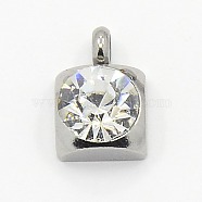201 Stainless Steel Rhinestone Square Charm Pendants, Grade A, Faceted, Crystal, 9x6x4mm, Hole: 1mm(RB-M030-04J)