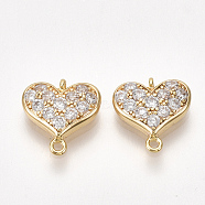 Brass Cubic Zirconia Links, Heart, Nickel Free, Real 18K Gold Plated, Clear, 10x9.5x2.5mm, Hole: 0.8~1mm(X-KK-S350-379)