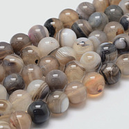 Natural Striped Agate/Banded Agate Bead Strands, Round, Grade A, Dyed & Heated, Tan, 10mm, Hole: 1mm, about 37~38pcs/strand, 14.5 inch(G-K155-A-10mm-13)