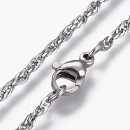 304 Stainless Steel Rope Chain Necklaces, with Lobster Claw Clasp, Stainless Steel Color, 17.7 inch(45cm), 2mm(NJEW-L167-01B-P)