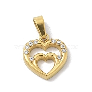 Ion Plating(IP) 304 Stainless Steel Micro Pave Cubic Zirconia Pendants, Heart Charms, Golden, 11.5x10.5x2mm, Hole: 4x2.5mm(STAS-Z107-04G-02)