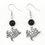Alloy Dangle Earrings, with Glass Beads and Brass Earring Hooks, Sea Turtle, Black, 48.5mm, Pin: 0.6mm(X-EJEW-JE03179-03)