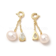 Brass Pave Clear Cubic Zirconia Teardrop Spring Ring Clasp Charms, with Natural Pearl Round Beads, Real 14K Gold Plated, 30mm, Bead: 30x9x7.5mm, Teardrop: 26x5x2.5mm(KK-I697-30G)