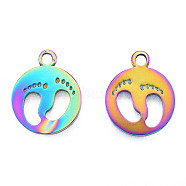 Ion Plating(IP) 201 Stainless Steel Pendants, Flat Round with Footprints, Rainbow Color, 18.5x15x1.5mm, Hole: 1.8mm(STAS-N098-229M)