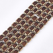 Electroplate Glass Beads Strands, Edge Plated, Rectangle, Saddle Brown, 9.5~10x7.5~8x4mm, Hole: 1mm, about 30pcs/strand, 11.4 inch(X-EGLA-S188-10D)