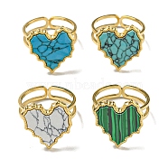 304 Stainless Steel Open Cuff Rings, Synthetic Malachite & Turquoise Heart Finger Rings for Women Men, Real 18K Gold Plated, Adjustable(RJEW-C079-01G)