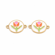 Brass Enamel Links Connectors, Cadmium Free & Nickel Free & Lead Free, Flat Round with Flower, Real 16K Gold Plated, 11.5x17.5x1.5mm, Hole: 1.2mm(KK-S362-034-NR)