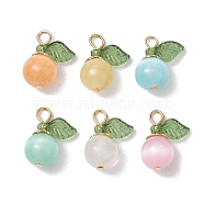 Natural Selenite(Dyed) Imitation Cat Eye Round Pendants, Fruit Charms with Green Acrylic Leaf, Mixed Color, Golden, 16x12.5x8.5mm, Hole: 2.5mm(PALLOY-TA00133-02)