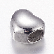 304 Stainless Steel European Beads, Large Hole Beads, Heart, Stainless Steel Color, 10x11x8mm, Hole: 5mm(STAS-E144-302P)