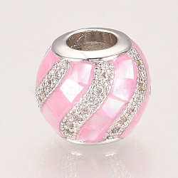 Brass Micro Pave Cubic Zirconia European Beads, with Shell, Large Hole Beads, Rondelle, Pearl Pink, 10.5x9mm, Hole: 4.5mm(ZIRC-S058-39F)
