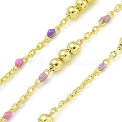 Brass Enamel Round Beaded Link Chain, Soldered, with Spool, Long-Lasting Plated, Cadmium Free & Lead Free, Real 18K Gold Plated, Orchid, 12x3.5mm(CHC-G022-07G-20)