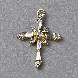 Brass Clear Cubic Zirconia Pendants, Religion Cross Charm, Real 18K Gold Plated, 25x18x3mm, Hole: 1.6mm(FIND-WH0129-45LG)