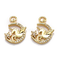 Brass Micro Pave Cubic Zirconia Pendants, Long-Lasting Plated, with Jump Rings, Horse, Golden, 16x13x2.5mm, Hole: 3mm(ZIRC-O039-07G)