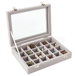 Rectangle Velvet Jewelry Presentation Boxes with 24 Compartments, Glass Visible Window Jewelry Organizer Case with Platinum Tone Alloy Clasps, Light Grey, 20.4x15.7x4.5cm, Compartments: 2.75x3.2cm(VBOX-WH0016-02B)