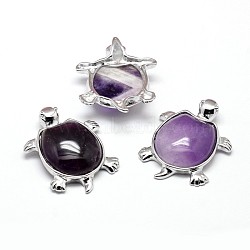 Tortoise Platinum Plated Brass Natural Amethyst Pendants, Cadmium Free & Lead Free, 42x32x10mm, Hole: 5.5x3.5mm(G-F228-25E-RS)