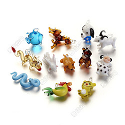 Handmade Lampwork Pendants, Chinese Zodiac, Mixed Color, Mixed Shapes, 15~29x14~41x8~17mm(LAMP-I006-07-02)