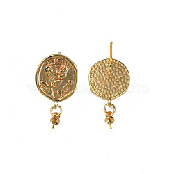 Brass Stud Earring Findings, with 925 Sterling Silver Pins, for Half Drilled Bead, Nickel Free, Twist Oval with Flower and Word Rose, Real 18K Gold Plated, 23x12mm, Pin: 0.7mm(KK-N233-386)