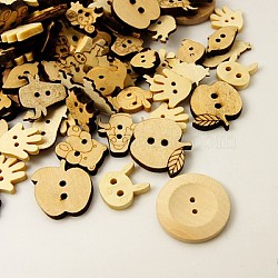 (Holiday Stock-Up Sale)Wood Buttons, Mixed Shapes, BurlyWood, 13~28x10~28x2~5mm, Hole: 1.5~2mm(WOOD-MSMC002-1)