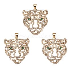 3Pcs Brass Micro Pave Clear & Green Cubic Zirconia Pendants, Long-Lasting Plated, Lead Free & Cadmium Free, Tiger Head, Real 18K Gold Plated, 28.5x27x4.5mm, Hole: 5x3mm(ZIRC-SZ0003-35)