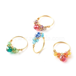 Electroplate Faceted Glass Beads Finger Rings, Real 18K Gold Plated Copper Wire Wrap Rings, Mixed Color, US Size 8(18.1mm)(X1-RJEW-TA00014)