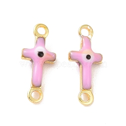 Brass Enamel Connector Charms, Real 18K Gold Plated, Religion Cross with Evil Eye Pattern, Pink, 5.5x13x3mm, Hole: 1.2mm(KK-J302-08G-01)