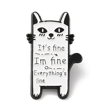 Cat with Word Enamel Pins, Electrophoresis Black Alloy Badge for Backpack Clothes, White, 30x19x1.5mm