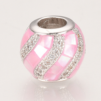 Brass Micro Pave Cubic Zirconia European Beads, with Shell, Large Hole Beads, Rondelle, Pearl Pink, 10.5x9mm, Hole: 4.5mm