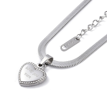 Ion Plating(IP) 304 Stainless Steel Snake Chain Necklaces, Heart with Word Pendant Necklaces for Women, Stainless Steel Color, 16.14 inch(41cm)
