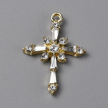 Brass Clear Cubic Zirconia Pendants, Religion Cross Charm, Real 18K Gold Plated, 25x18x3mm, Hole: 1.6mm