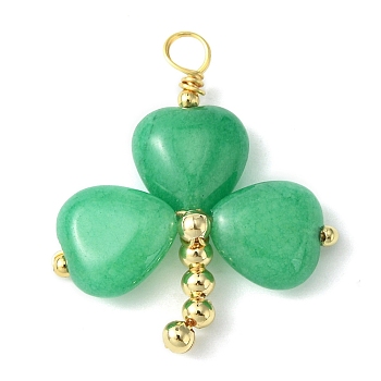 Saint Patrick's Day Natural Malaysia Jade Dyed Shamrock Pendants, Clover Charms with Golden Plated Brass Findings, 29~29.5x25~26x5~5.5mm, Hole: 3.2~3.8mm